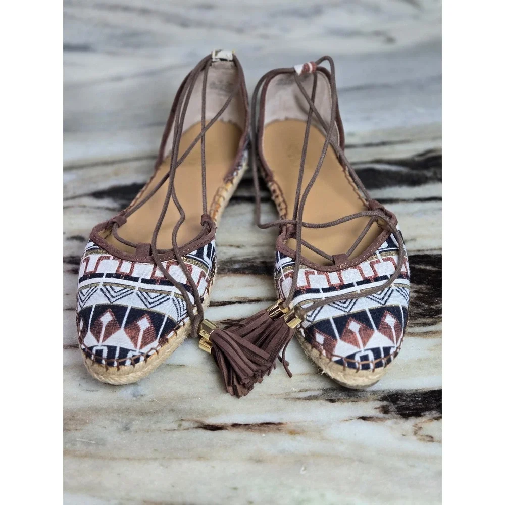 Franco Sarto Dream Lace Up Espadrille Flats Tassel Geometric Tribal Print 11M